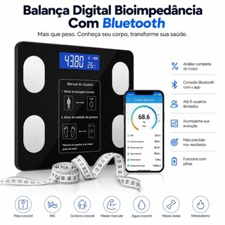 Balança Digital Bioimpedância Com Bluetooth Aplicativo Peso Analisador Corporal Gordura 1…