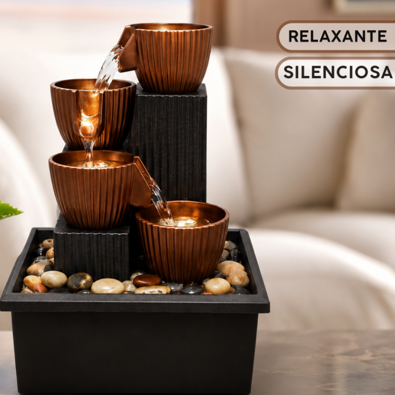 Imagem Luminária Fonte De Água 4 Cascata de Copinhos Relaxante Led Quente Zen