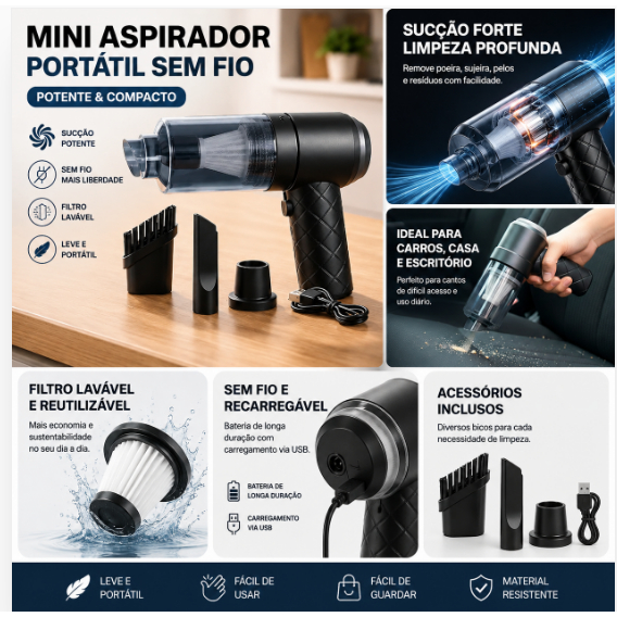 Mini Aspirador Portátil Sem Fio Potente em OFERTA