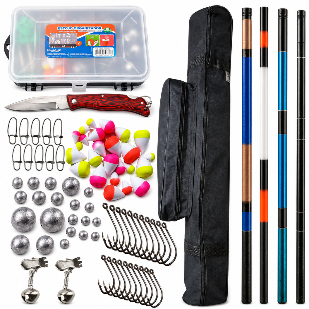 Kit Pesca Completo 4 Varas telescópica Bolsa Porta Varas Estojo Anzol boia chumbada kit pescaria rios lagos pesqueiro