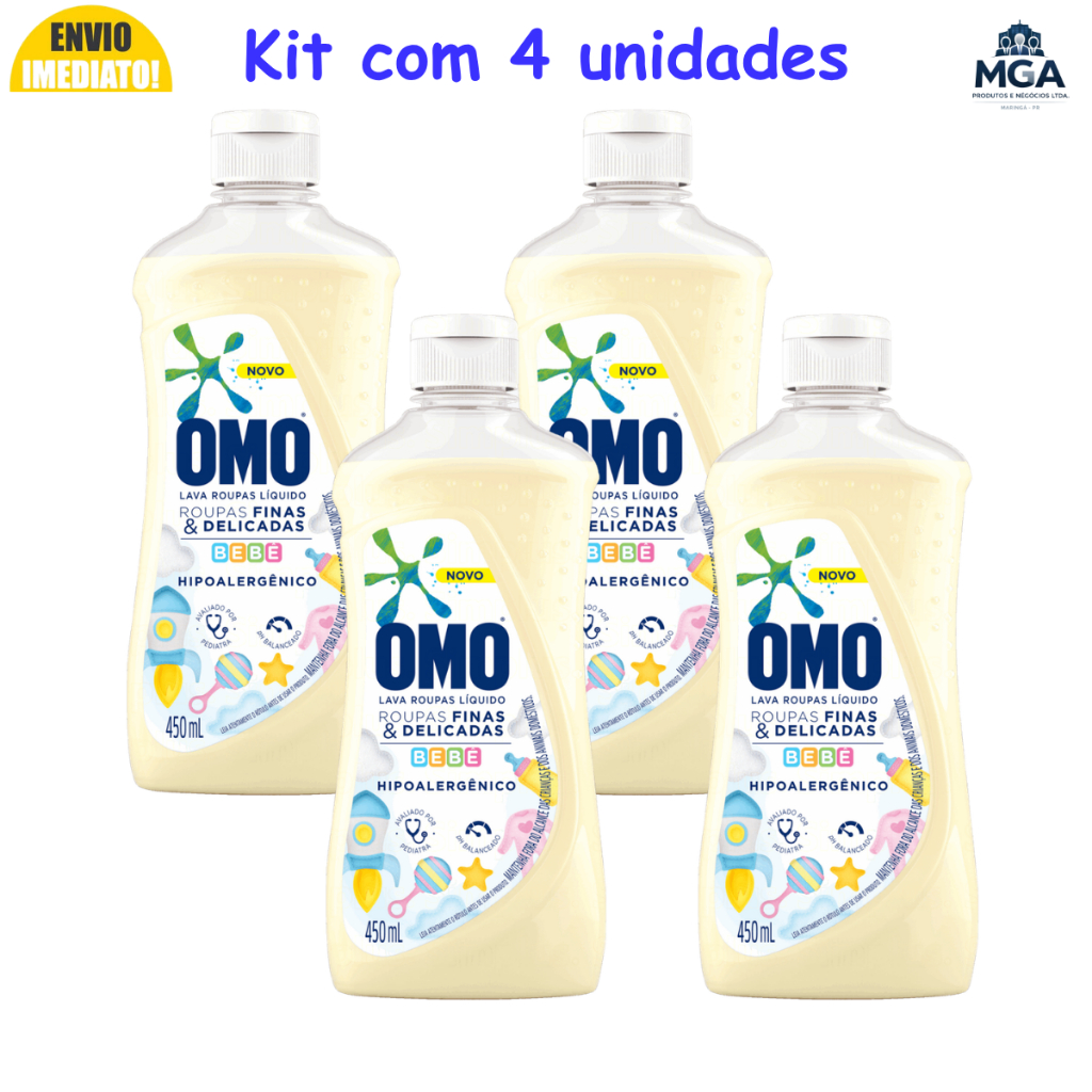 Kit OMO Sabão Líquido Bebê 450ml Hipoalergênico Roupas Delicadas Lava Roupas Infantil