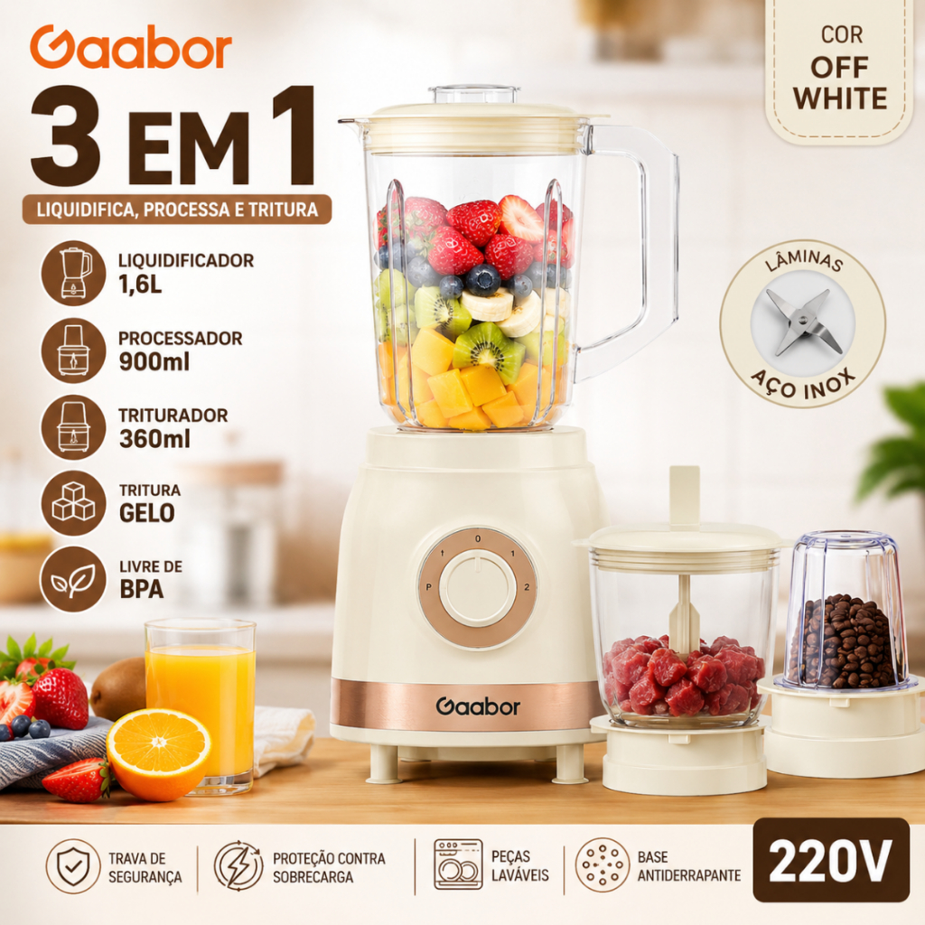 Liquidificador 3 Em 1 Gaabor Creamy 1,6L Triturador Processador Off White 220V