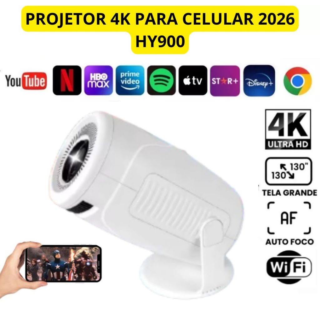 Projetor 4K HD 150 Polegadas Celular, Tv B0x, Xbox, PS, Pc, Wifi e Bluetooth HY900 Magcubic 110/220