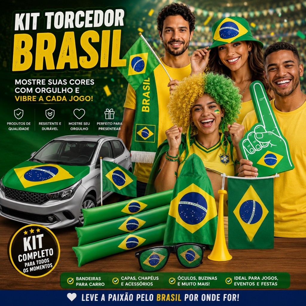 Kit Torcedor Brasil Completo Bandeira Capa Cachecol Buzina Vuvuzela Óculos Copa Jogo Festa Carro