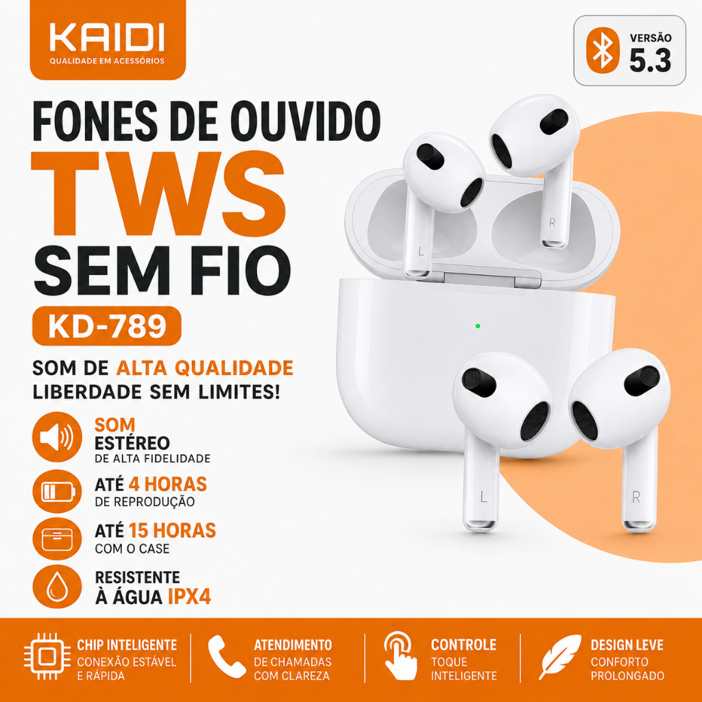 Fone de ovido BluetoothTWS Kaidi KD-789 – Bluetooth 5.3, Som Envolvente e Funções Inteligentes Fones de Ouvido
