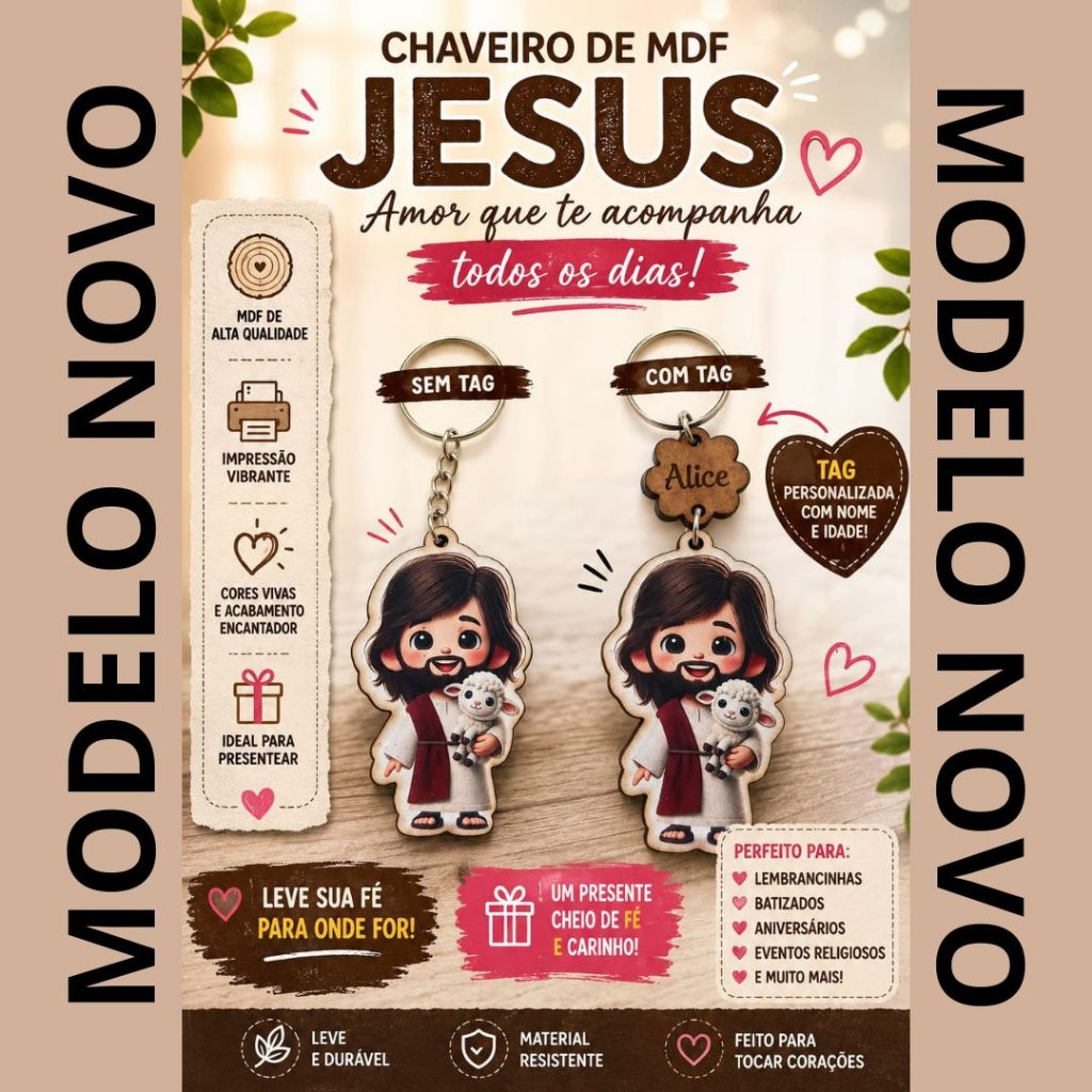 ​Chaveiro Jesus MDF Adesivado - Opção Com ou Sem Tag Personalizada ​Kit Lembrancinha Batizado Aniversário