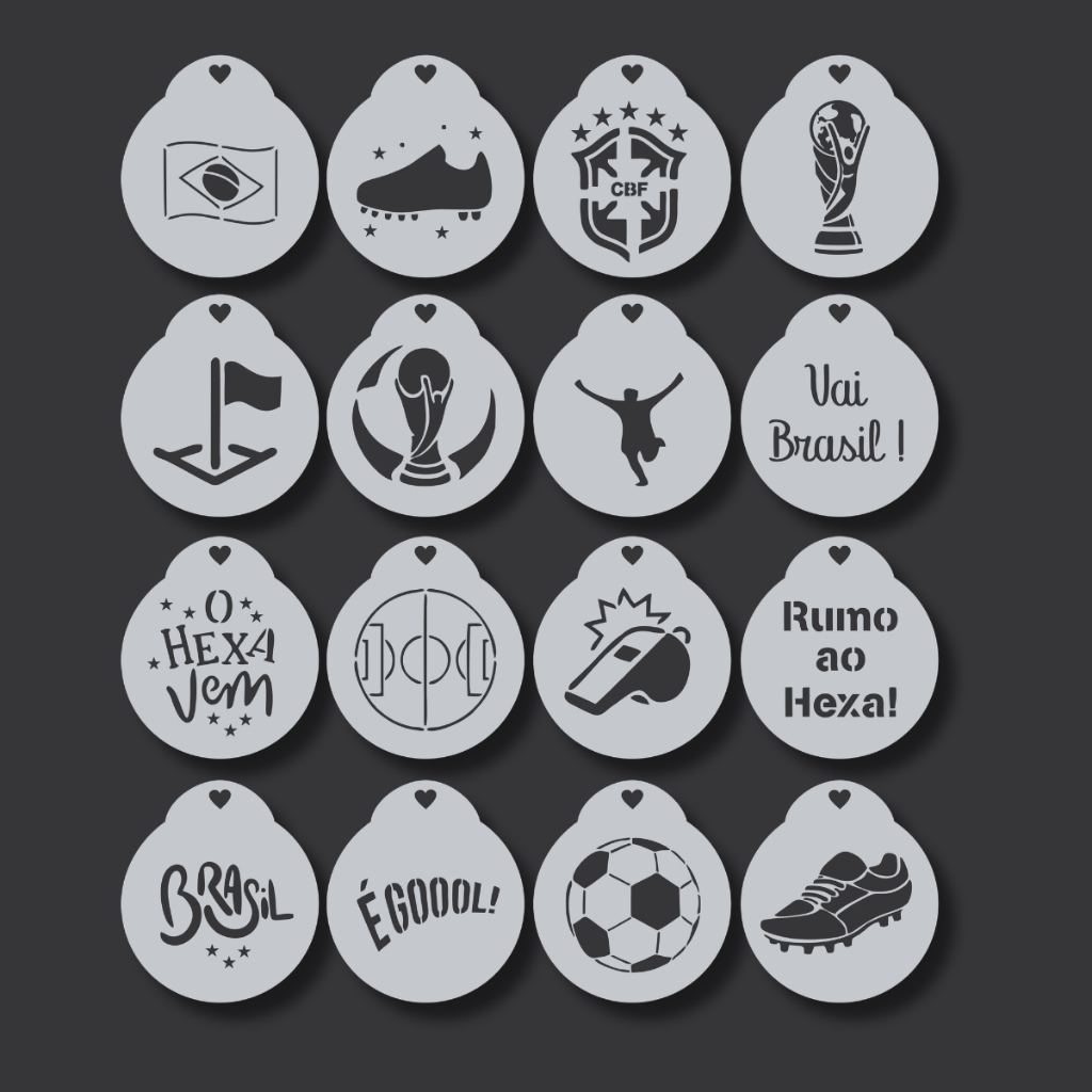 Kit 16 Stencil Moldes Copa do Mundo Futebol Hexa Infantil para Pintura Facial Corporal Tecidos Mdf