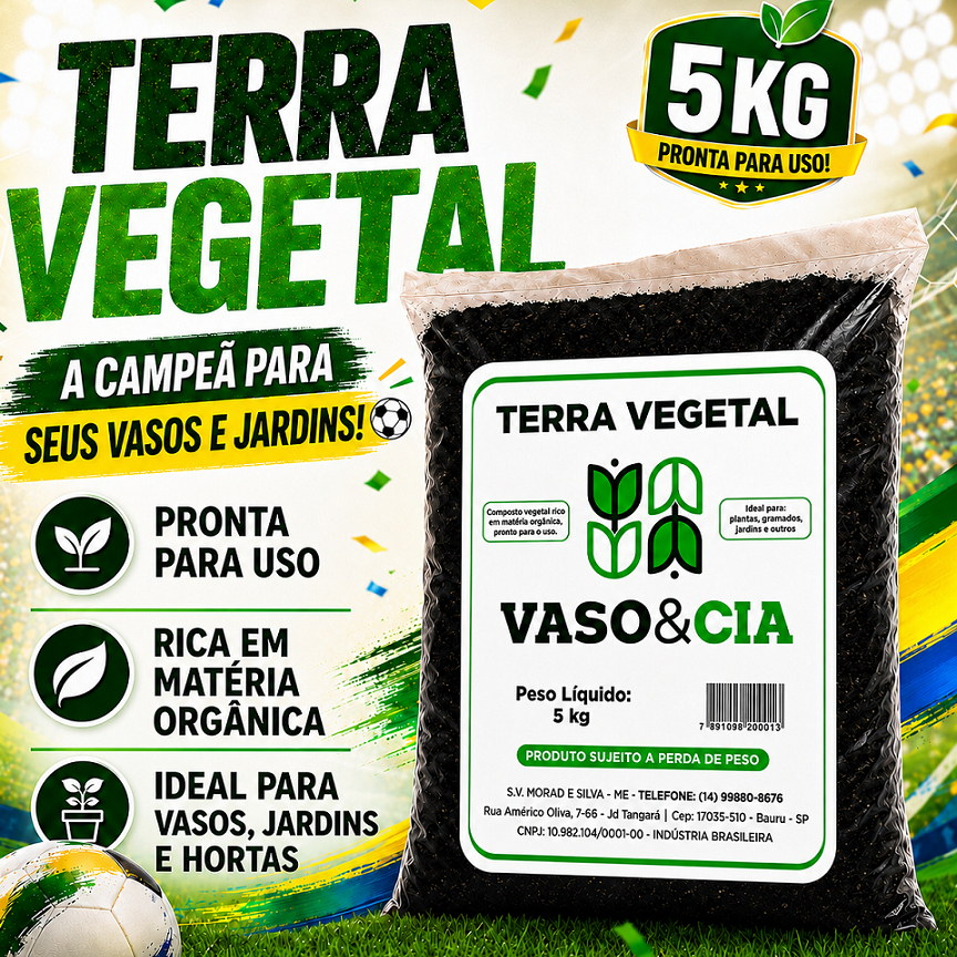 Terra Vegetal Orgânica Adubada 5 kg / 1.8 kg - Vasos Plantas Hortas Jardim Flores - Vaso e Cia