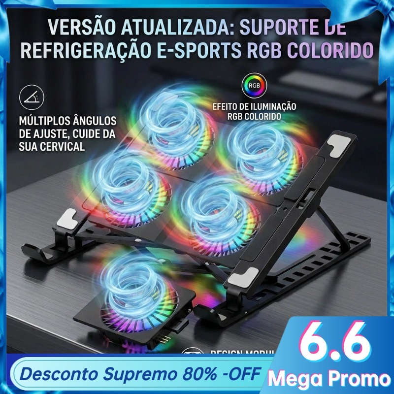 Suporte para Notebook com Base Cooler e 4 Ventoinhas LED  Refrigeração USB Ajustável para Laptop Gamer e Escritório
