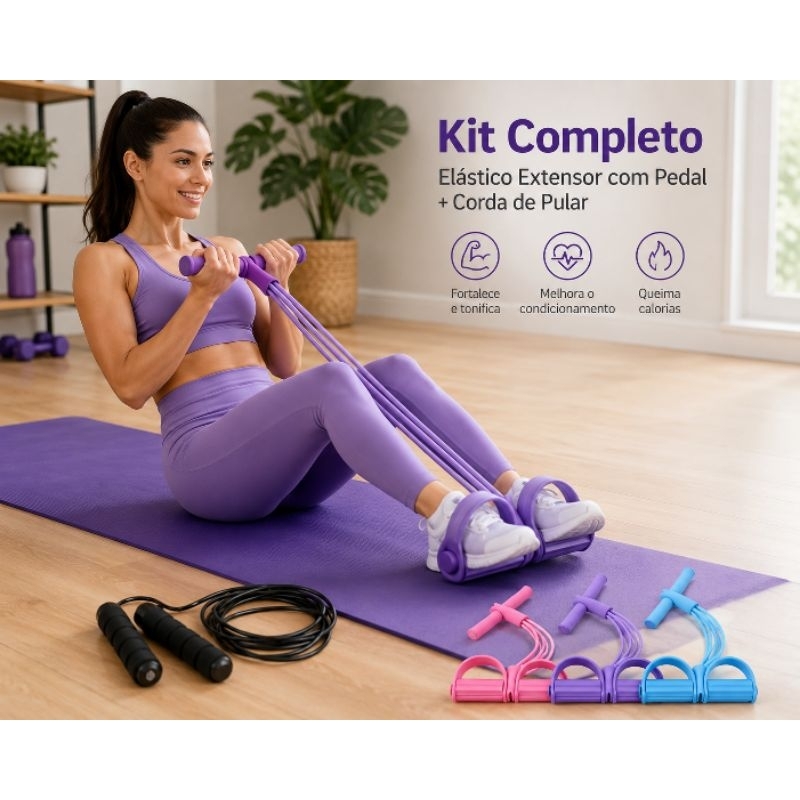 Treine em Casa Elástico Extensor Pedal Completo + Corda de Pular Fitness Pilates