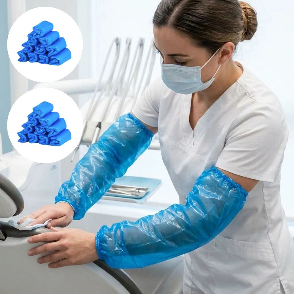 200 Mangote Manga Manguito Plástico Impermeável Descartável Com Elástico Azul Para Uso Profissional