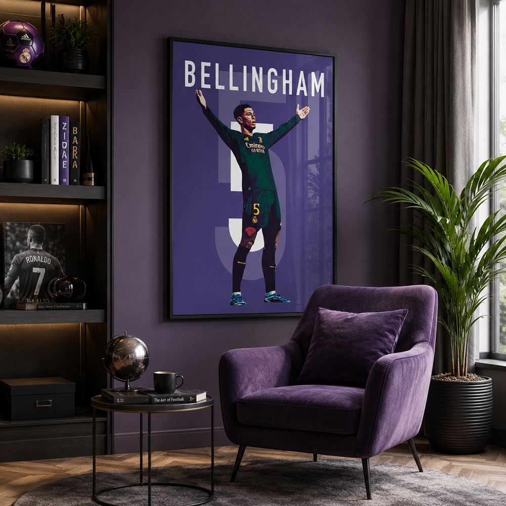 Quadro Decorativo Futebol Poster Jogador Bellingham Camisa 5 Real Madrid Com ou Sem Vidro 50x75cm 60x90cm