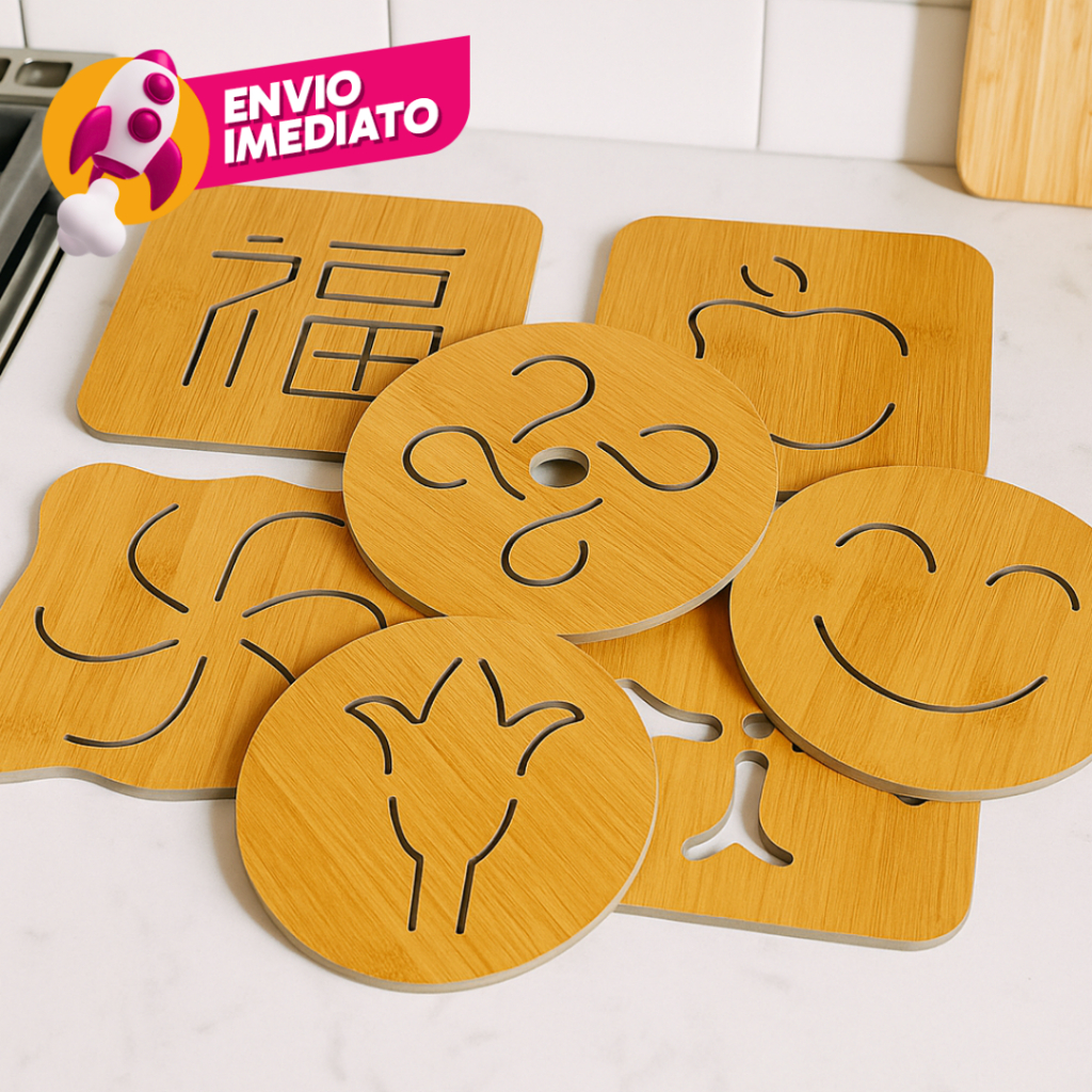 Kit Descanso De Panela Bambu Protege Mesa E Bancada 02 Formatos Quadrado Redondo Desenhos Diversos
