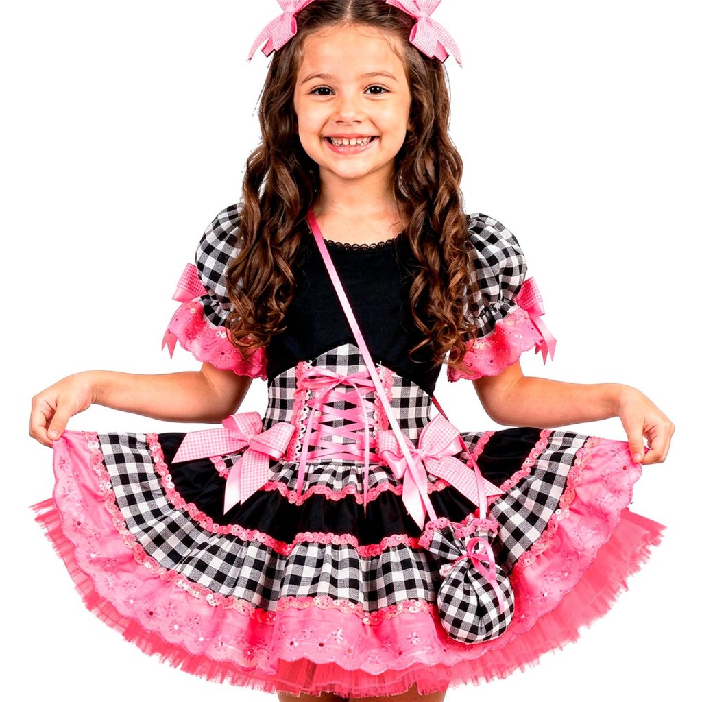 Vestido Festa Junina Infantil pra Menina Xadrez Preto e Rosa de Luxo