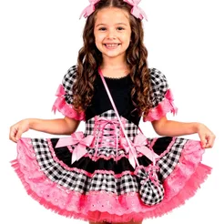 Vestido Festa Junina Infantil pra Menina Xadrez Preto e Rosa de Luxo