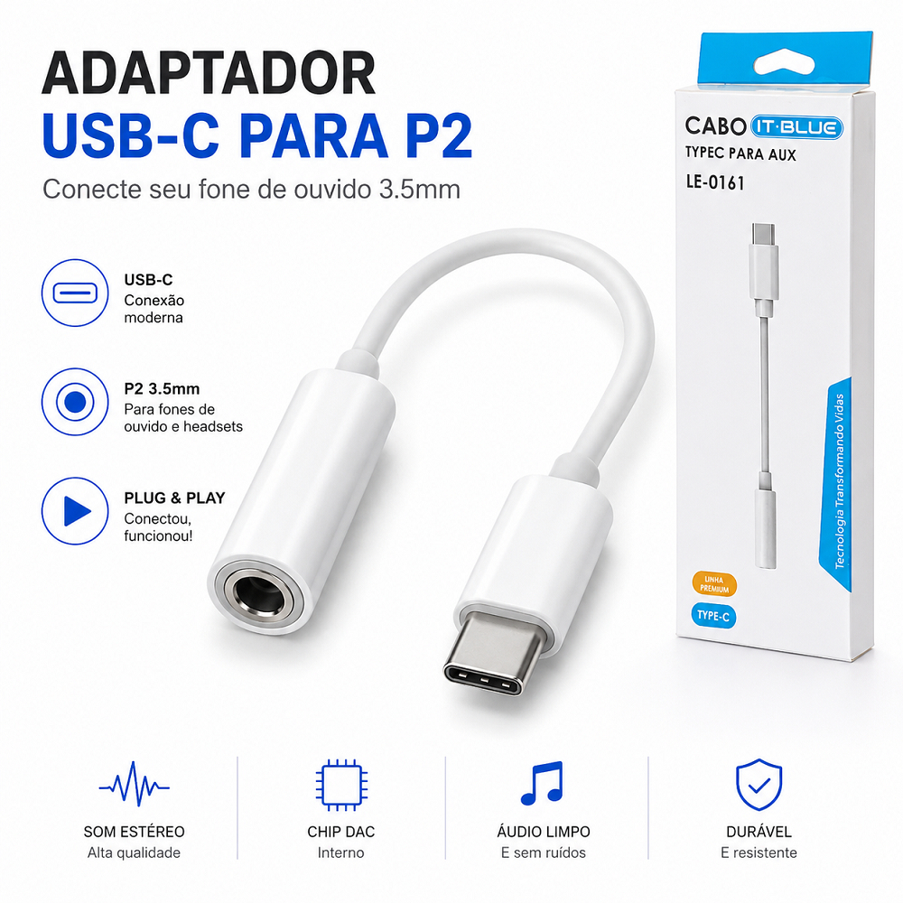 Adaptador USB-C para P2 Fone de Ouvido 3.5mm Android Cabo Conversor USB-C