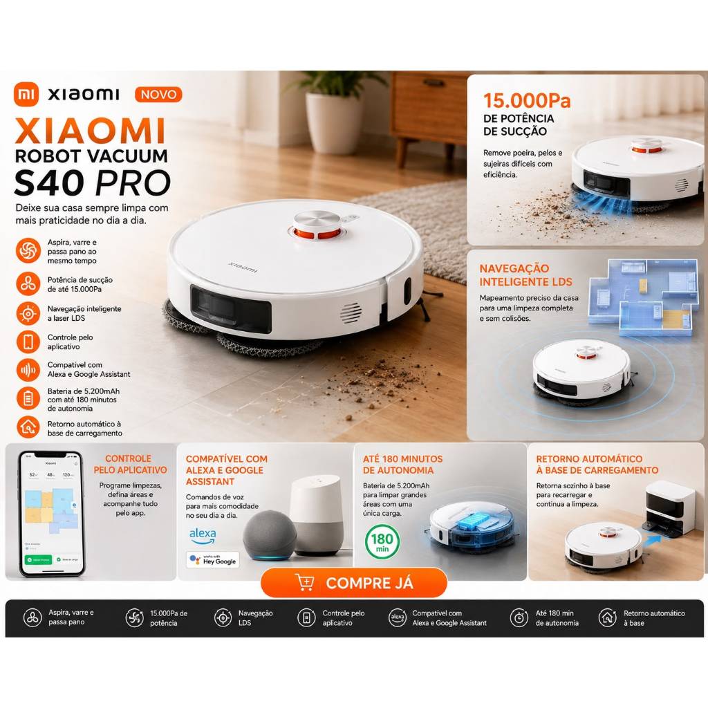 Xiaomi S40 Pro Robô Aspirador com Sucção Potente e Limpeza Automática