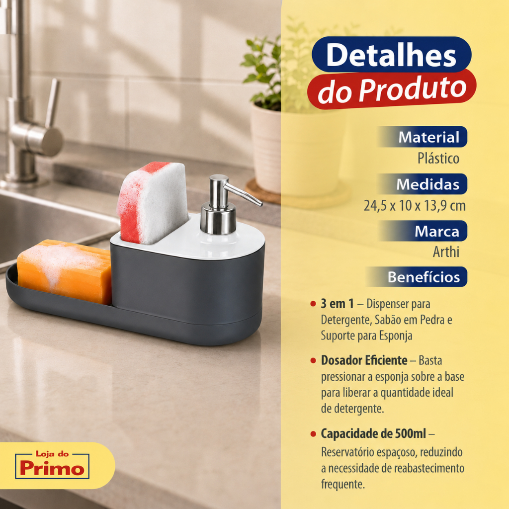 Dispenser Porta Detergente Bucha Esponja E Sabão Em Barra Pedra Para Pia E Bancada com Dosador Arthi · foto 2