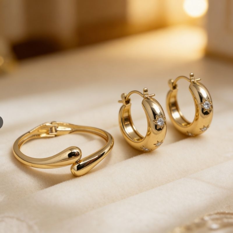 Kit Bracelete Gota e Brinco Cravejado Folheado a Ouro 18K Feminino Luxo Elegante Premium Vintage Festa Mulher
