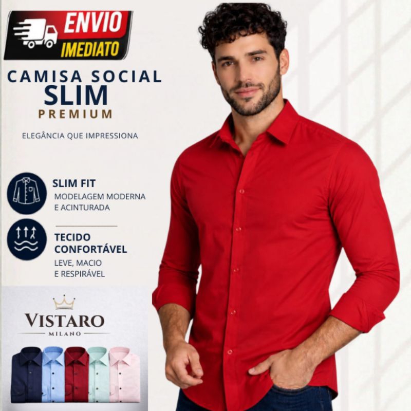 CAMISA SOCIAL MASCULINA MANGA LONGA SLIM FIT PREMIUM