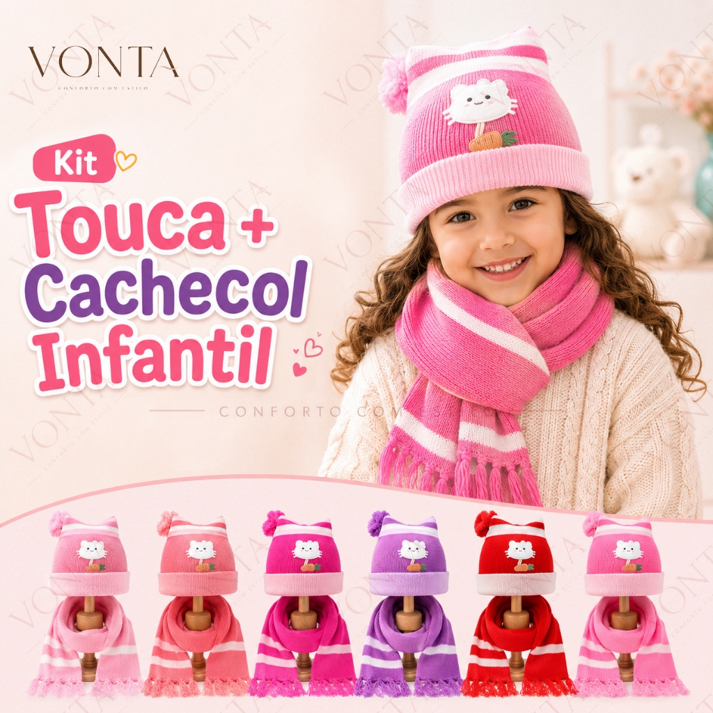 Kit Touca e Cachecol Infantil Tricô Inverno Quentinho Confortável Bebê Criança Menino Menina