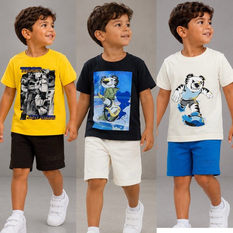 Kit 3 Conjuntos Infantil Menino 6 Peças Camisa Algodão + Bermuda Moletom Flanelado