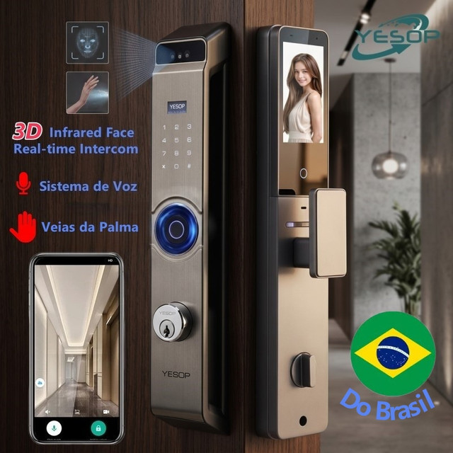 YESOP Fechadura Eletrônica Digital WiFi Reconhecimento Facial 3D Veia da Palma Biometria Senha Câmera Inteligente