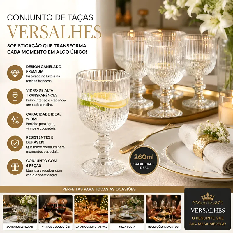 Jogo 6 Taças De Vidro Versalhes 260ml Para Água Vinho Coquetéis E Drinks - Luxo