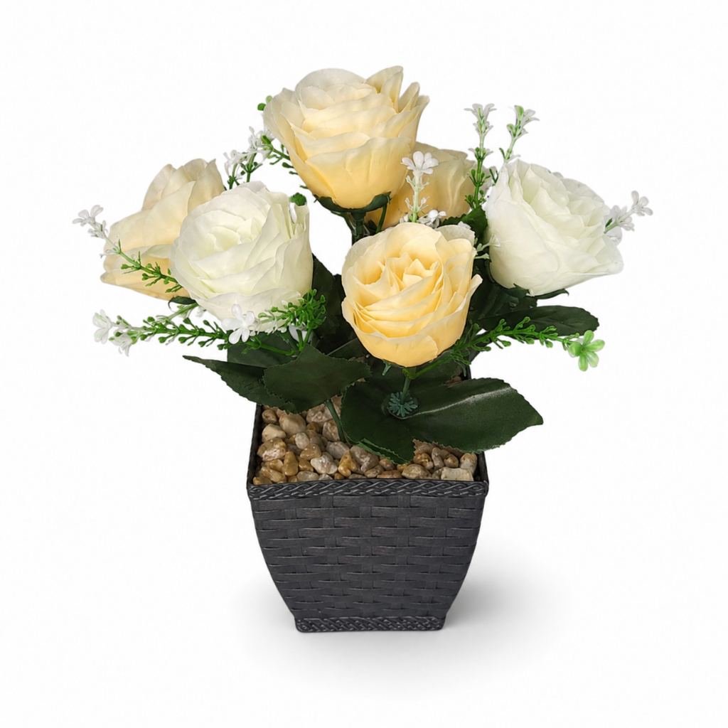Arranjo 6 Rosas Artificiais Amarelas E Brancas 30cm Vaso Preto Para Mesa Sala Quarto Escritório Lar