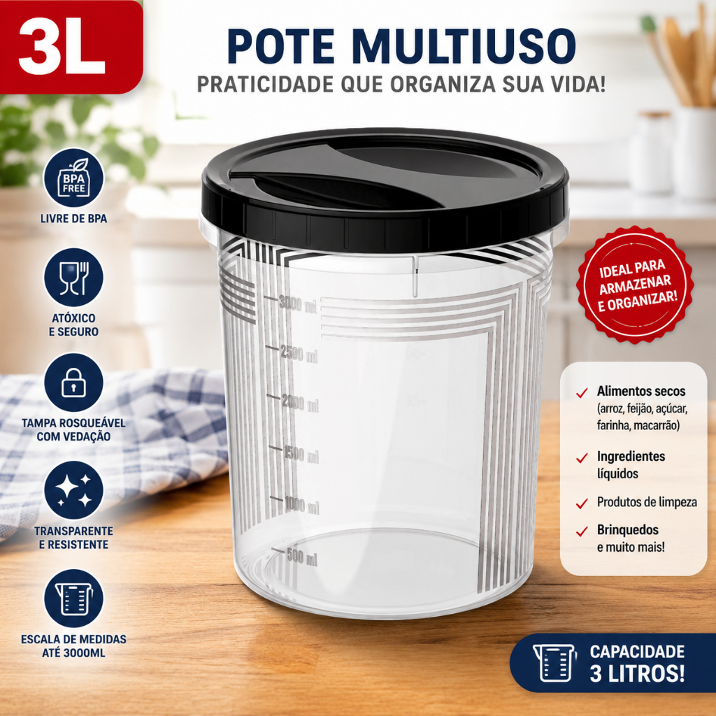 Pote Hermético 3L Transparente Com Tampa Rosqueável Organizador Mantimentos Cozinha