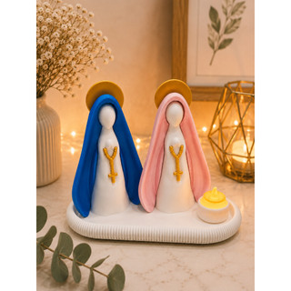 Nossa Senhora Minimalista Com Bandeja E Vela Led Estátua Decorativa Religiosa #Cor manto rosa #Cor manto azul #3d  arte.