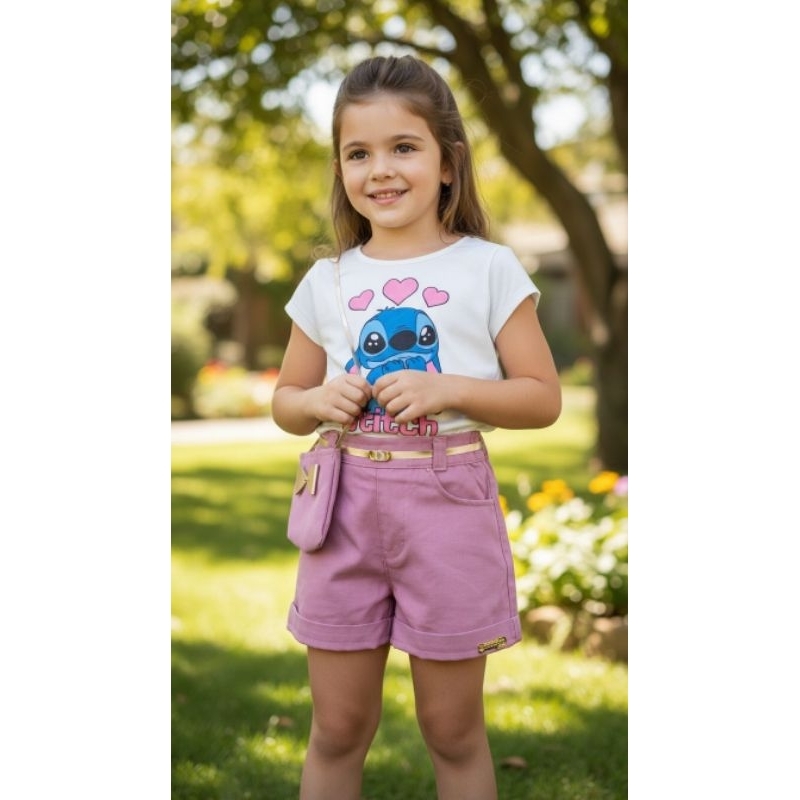 💜🎀 Conjunto Roxo (Short + Blusa + Bolsinha) Conjunto Infantil Feminino Roxo Blusa Short e Bolsinha Menina