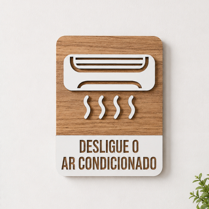Placa de Sinalização Desligue o Ar Condicionado em MDF Placa Porta Parede Alto Relevo