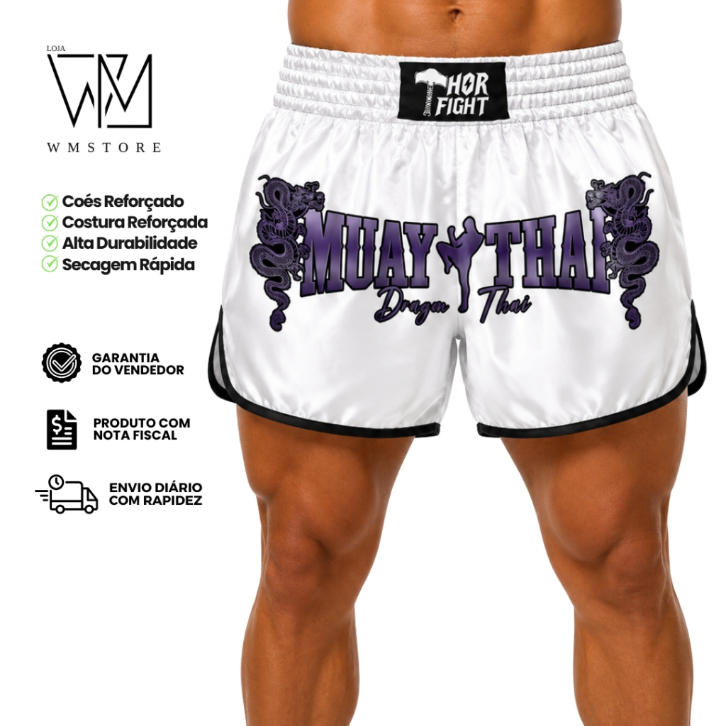 Short Muay Thai Unissex Dragon Thai Branco Roxo Premium Kickboxing