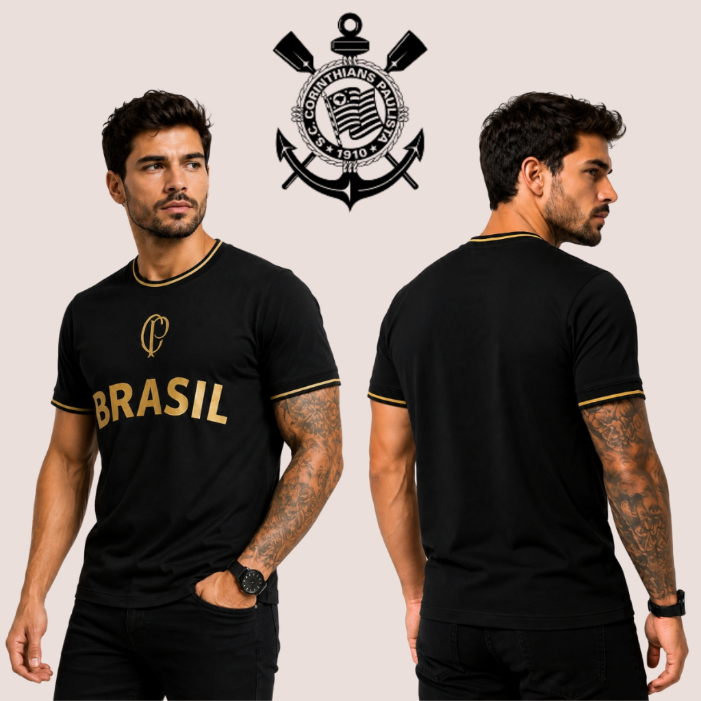 Camisa Corinthians Brasil Masculina Oficial Preta Dourada Torcedor Casual Dia a Dia