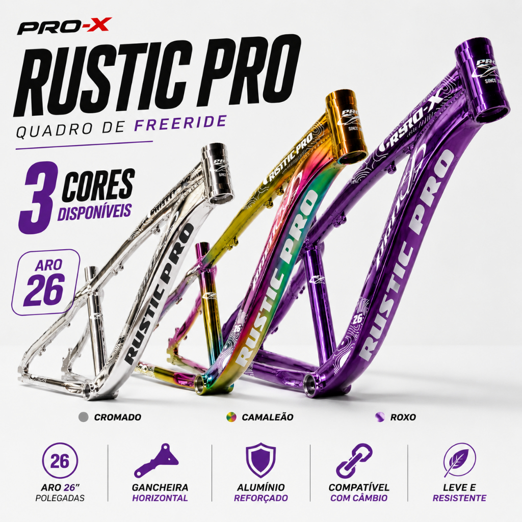 Quadro Bike Aro 26 Pro-X Rustic Pro Grau Wheeling DH Gancheira Horizontal Estilo Hupi Naja