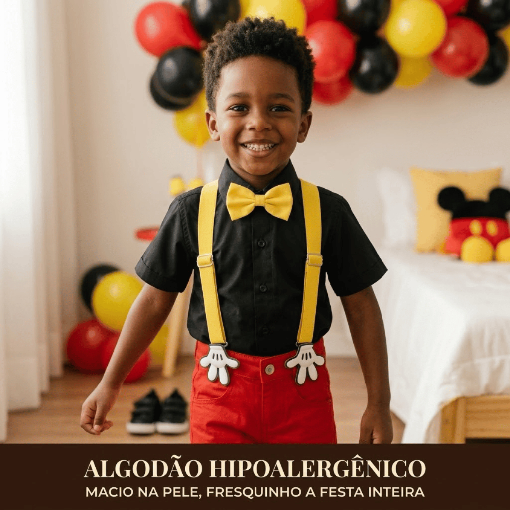 Conjunto Festa Mickey Menino Camisa Social Bermuda Vermelha Gravata Borboleta Suspensório Infantil