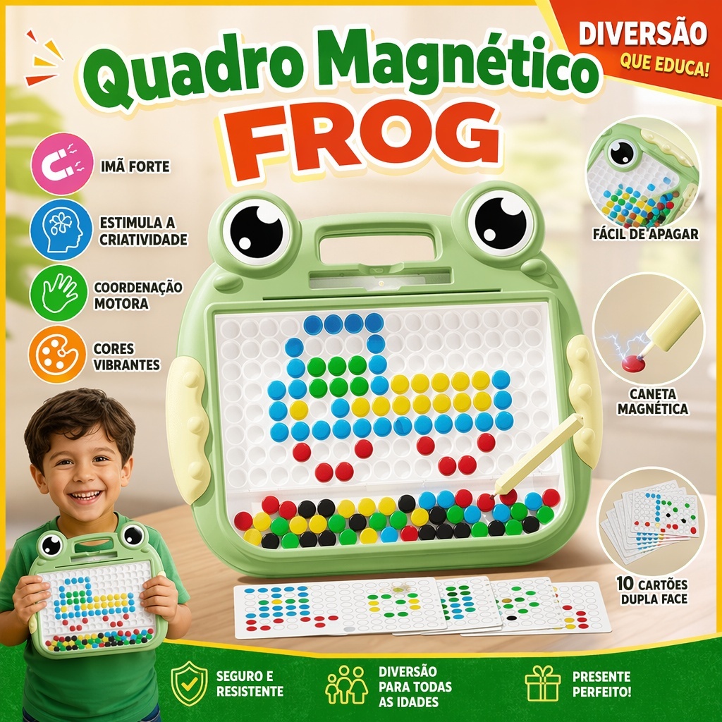 Lousa Magnética Sapinho Brinquedo Educativo Montessori Quadro Desenho com Bolinhas Magnéticas Criança 3+ Anos