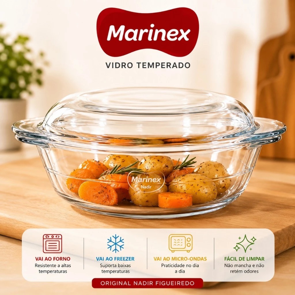 Assadeira De Vidro Marinex 1L com Tampa Nadir Figueiredo – Vidro Temperado Resistente Forno  Vai Na Air Fryer