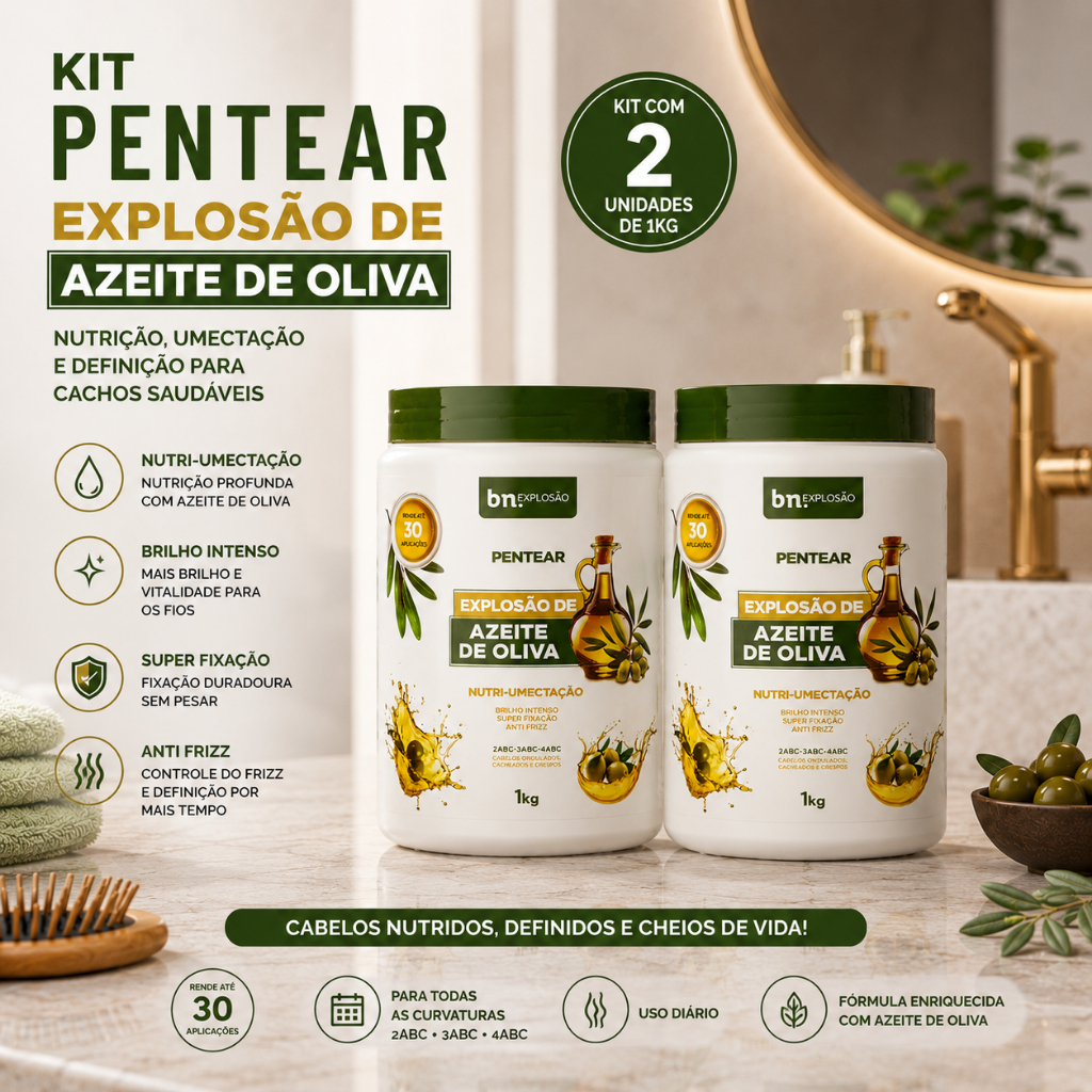 Combo 2 Cremes de Pentear Azeite de Oliva 1Kg Beleza Natural bn.Cachos para Cachos e Crespos Tamanho Família Definição V