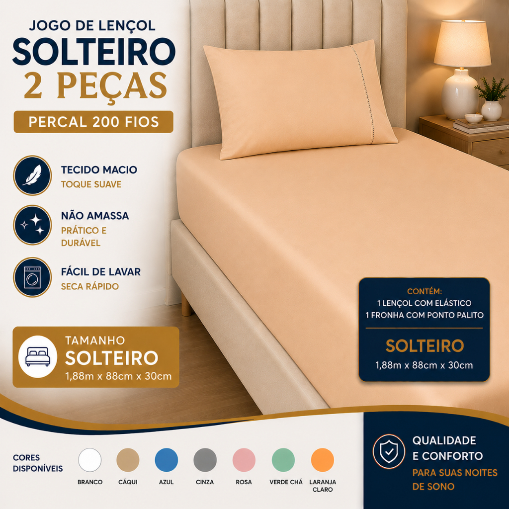 Jogo De Lençol Solteiro 2 Peças 100% Algodão Percal 200 Fios