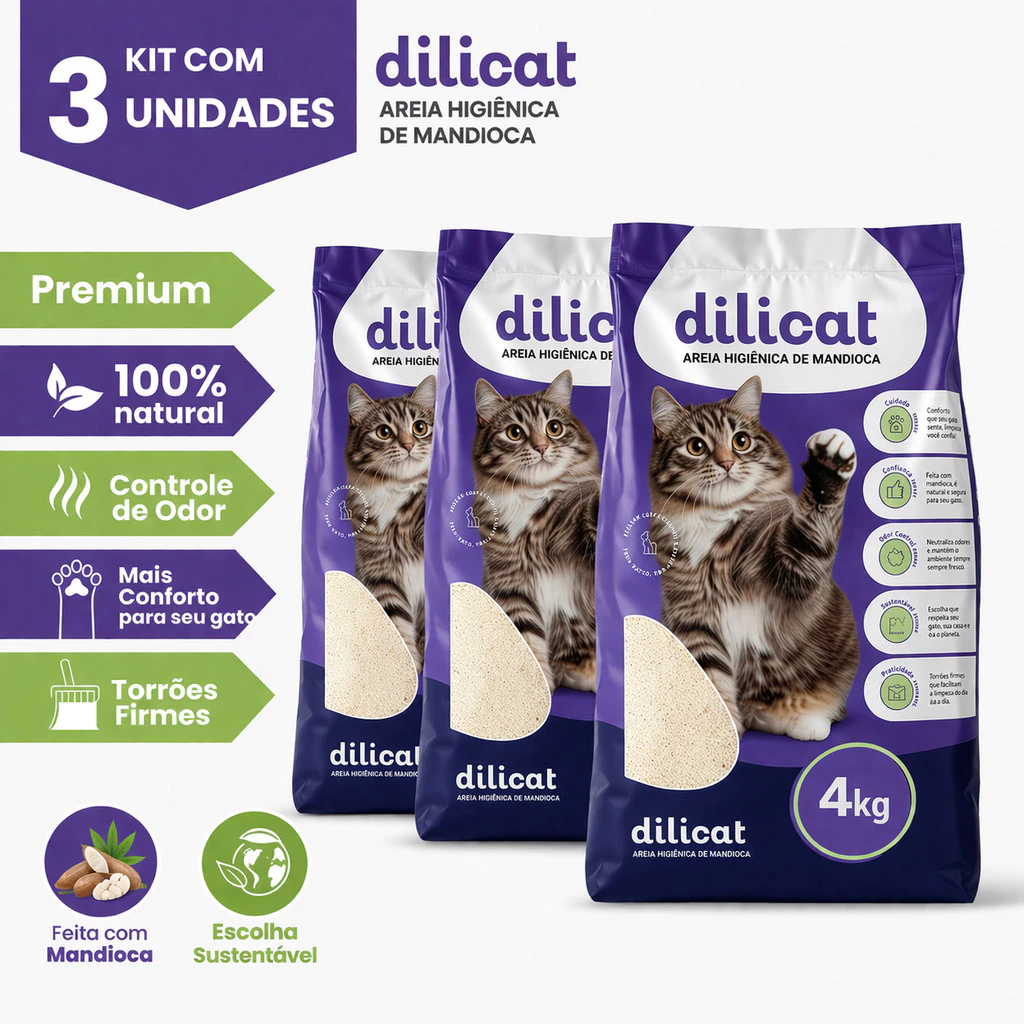 Kit 3 Areia Higiênica Biodegradável DiliCat Mandioca Grãos Finos 4kg Torrão Firme