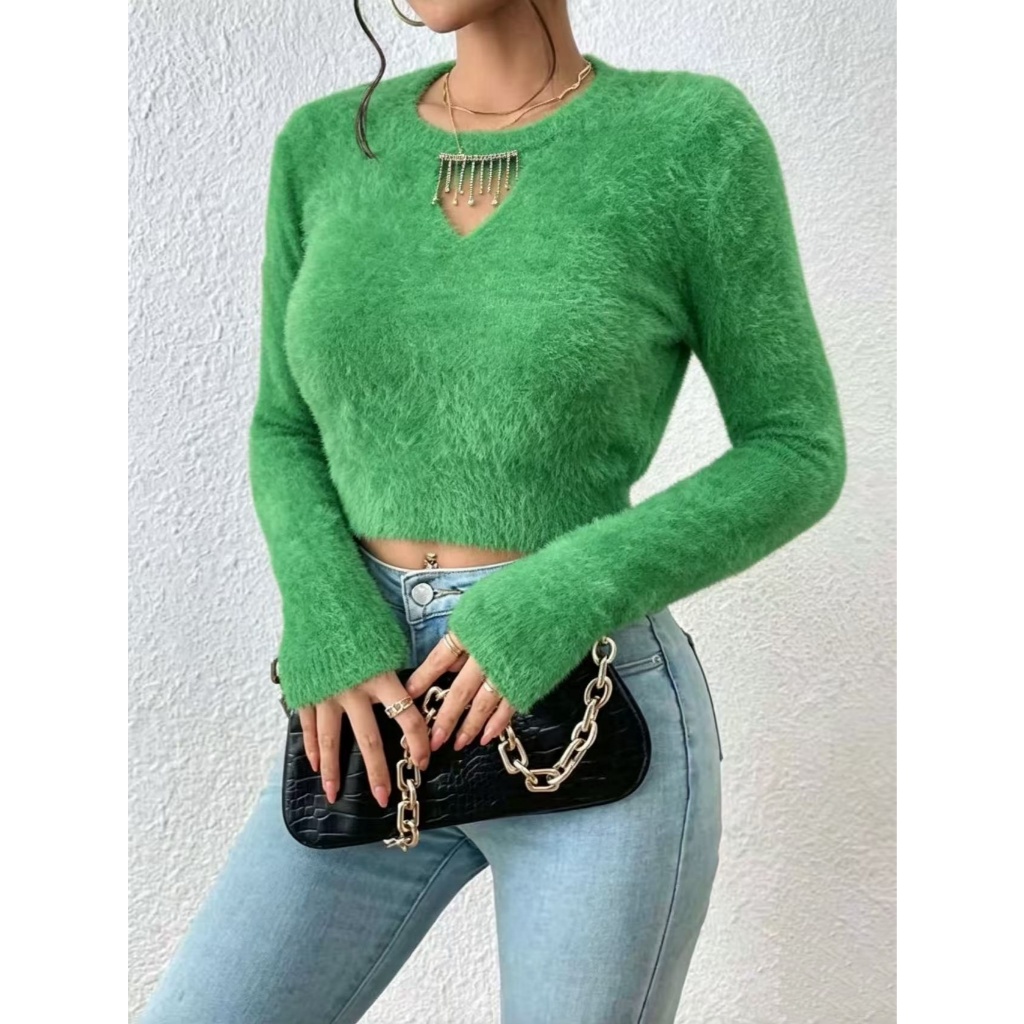 Liuhan Modas blusa sueter feminino de pelinho cropped manga longa moletom grosso inverno blusa de frio gola redonda liso