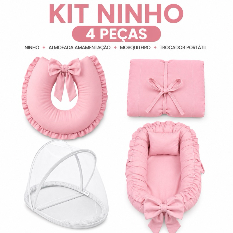Kit Ninho Redutor Com Almofada de Amamentação + Trocador Portátil + Mosquiteiro Para Ninho Cor Lisa