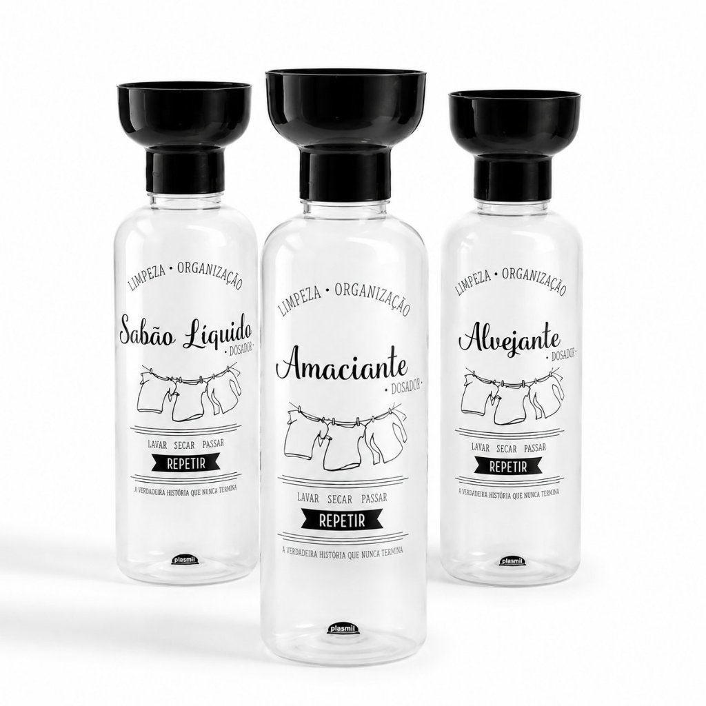 Kit Porta Sabão Líquido Amaciante Alvejante Com Tampa Dosadora Organizador Lavanderia Dispenser