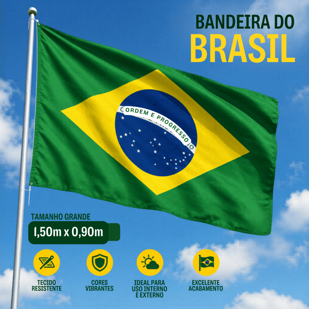 Bandeira do Brasil Grande 1,50x0,90m Poliéster com Ilhós Eleições Torcida Eventos