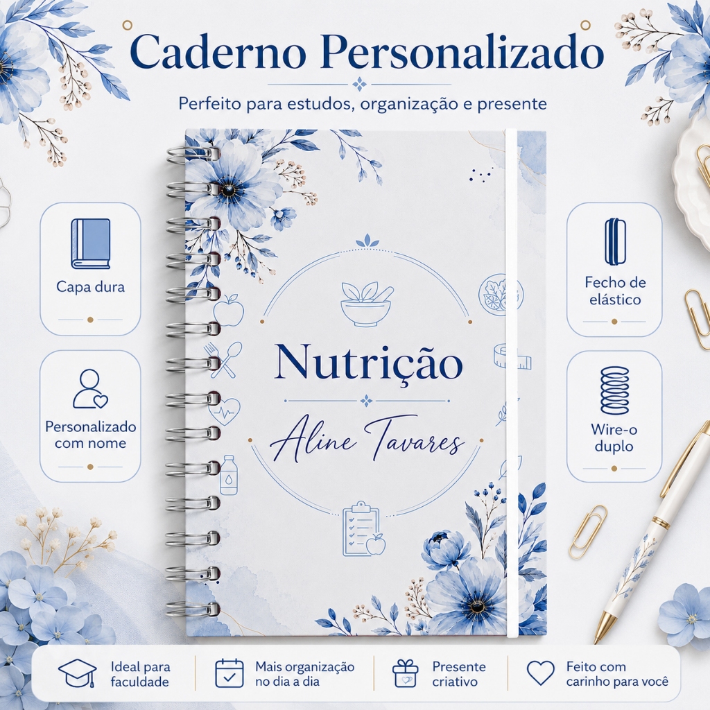 Caderno Personalizado Nutrição Floral Azul com Nome Capa Dura 22x16cm Premium 120 Folhas