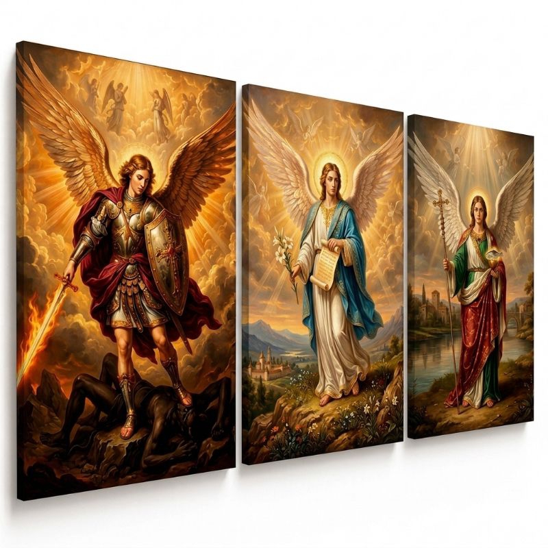 Kit Quadros Decorativos 3 peças São Miguel São Rafael São Gabriel 3 Arcanjos