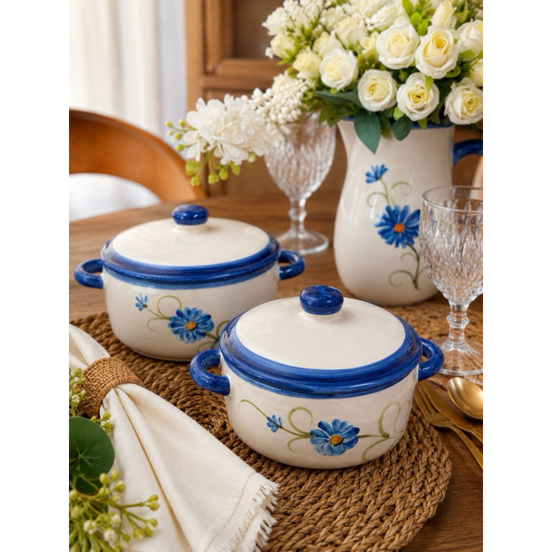 Mini Caçarola de Cerâmica com Tampa Decorativa Trigo Bege Panela Cerâmica Pote Servir
