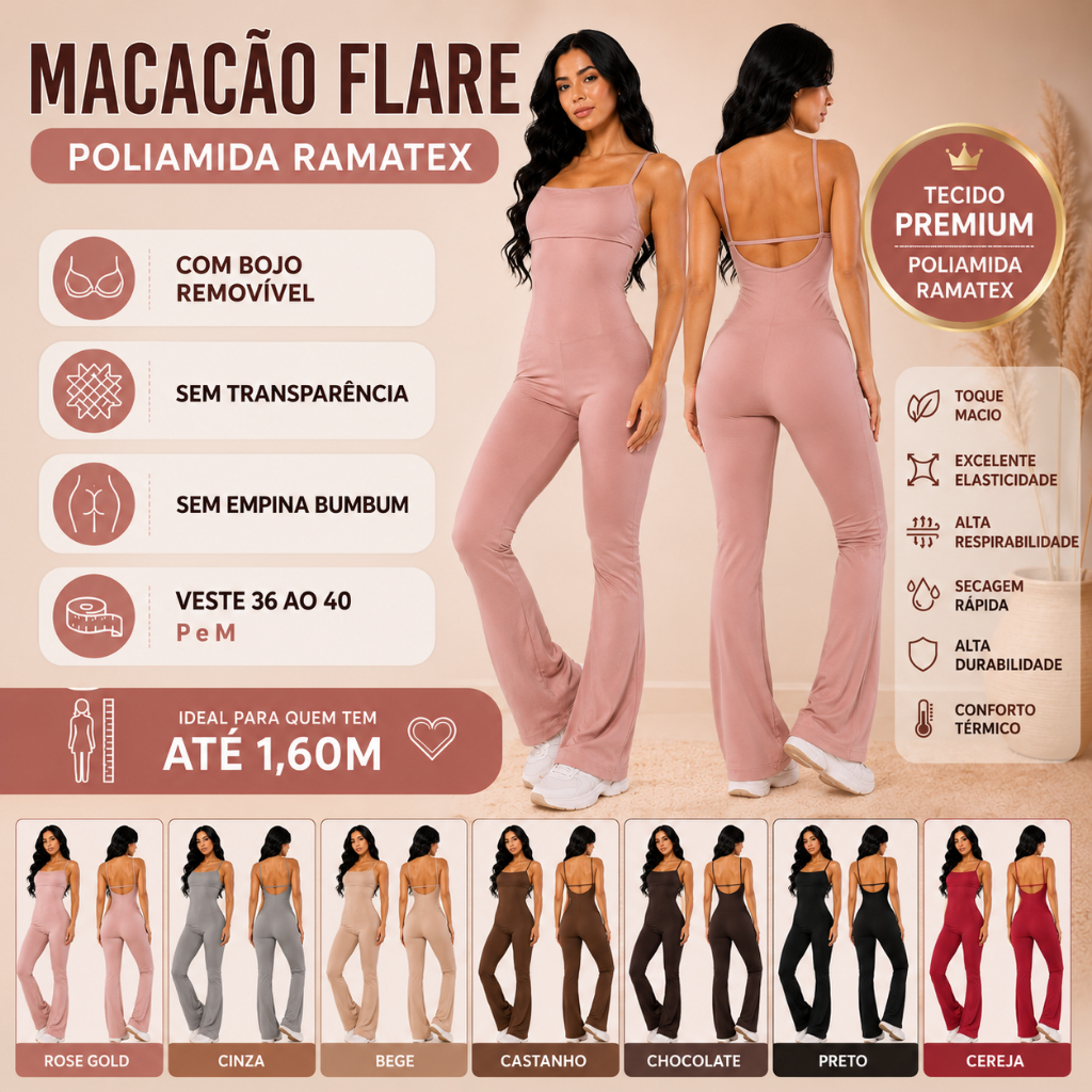 Macacão de academia fitness Flare alta compressão poliamida premium ramatex costas nuas